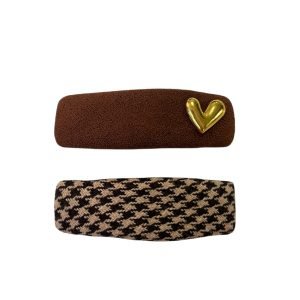 HC009-01 Brown and Plaid with Heart Snap Hair Clip Set