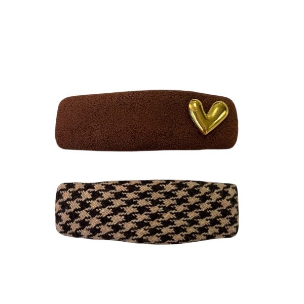 Brown and Plaid with Heart Snap Hair Clip Set
