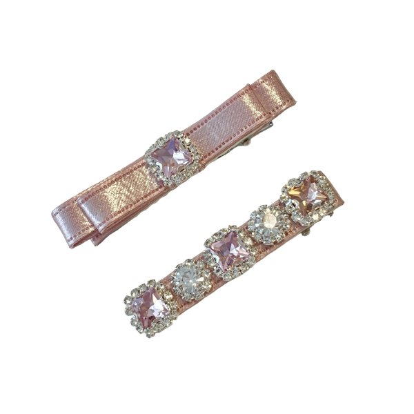 Elegant Pink Satin with Rhinestone Hair Clip Set