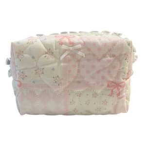 MB001-01 Pink & White Bow Makeup Bag with Quilted Heart pattern