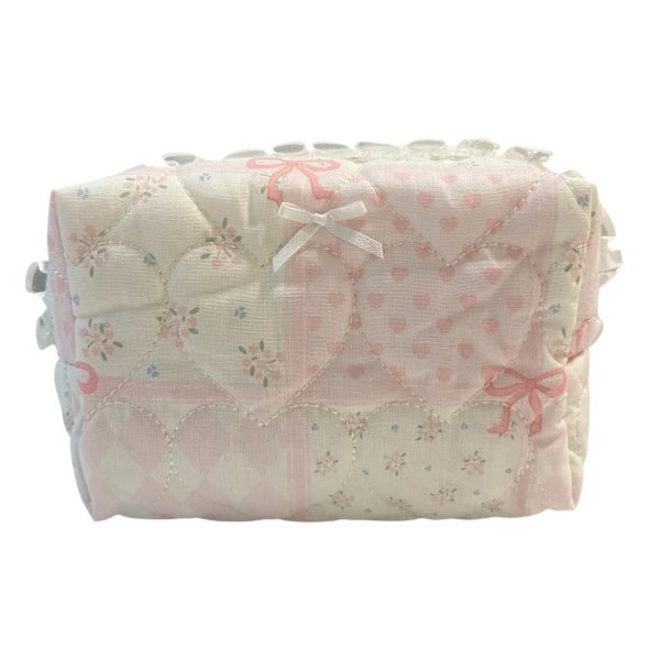 Pink & White Bow Makeup Bag with Quilted Heart pattern