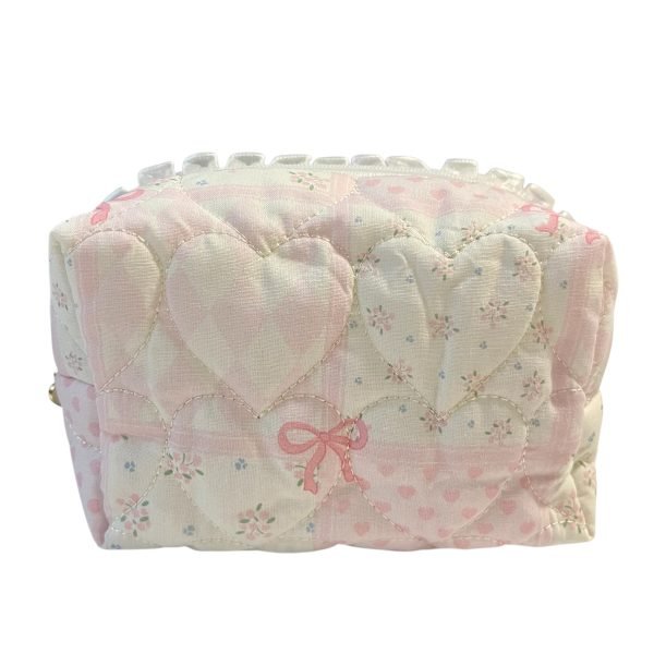 Pink & White Bow Makeup Bag with Quilted Heart pattern