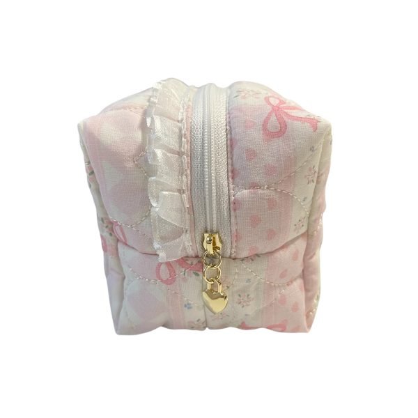 Pink & White Bow Makeup Bag with Quilted Heart pattern
