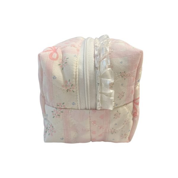 Pink & White Bow Makeup Bag with Quilted Heart pattern