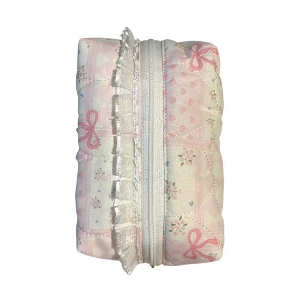Pink & White Bow Makeup Bag with Quilted Heart pattern
