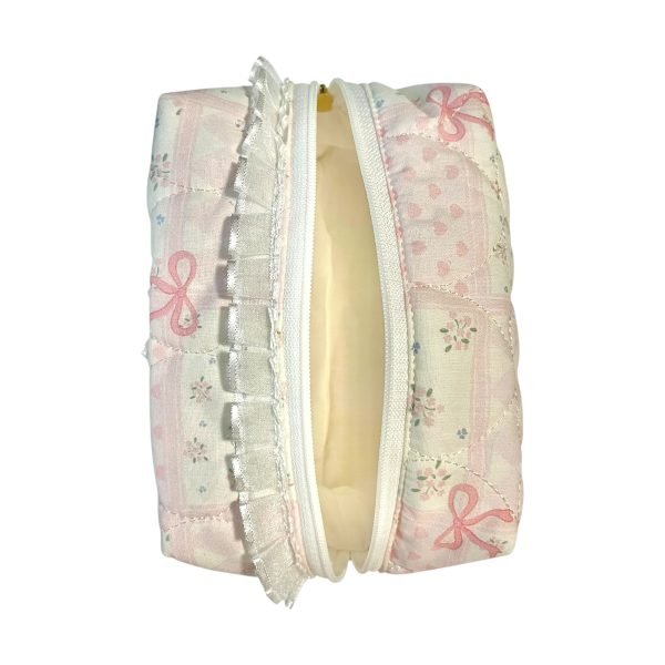 Pink & White Bow Makeup Bag with Quilted Heart pattern