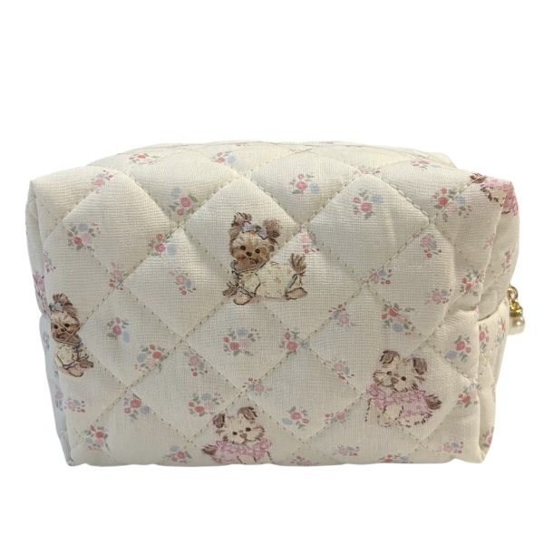 Beige Yorkshire Terrier Floral Quilted Makeup Bag