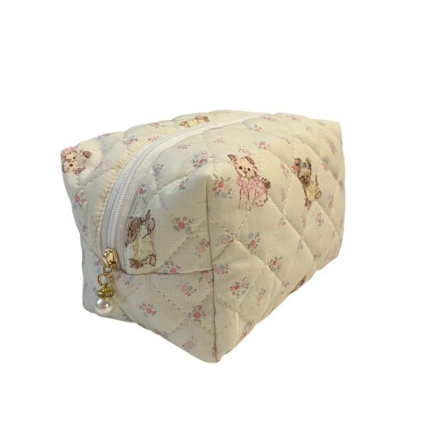 Beige Yorkshire Terrier Floral Quilted Makeup Bag