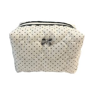 MB004-01 White Polka Dot Lace Makeup Bag with Quilted Heart pattern