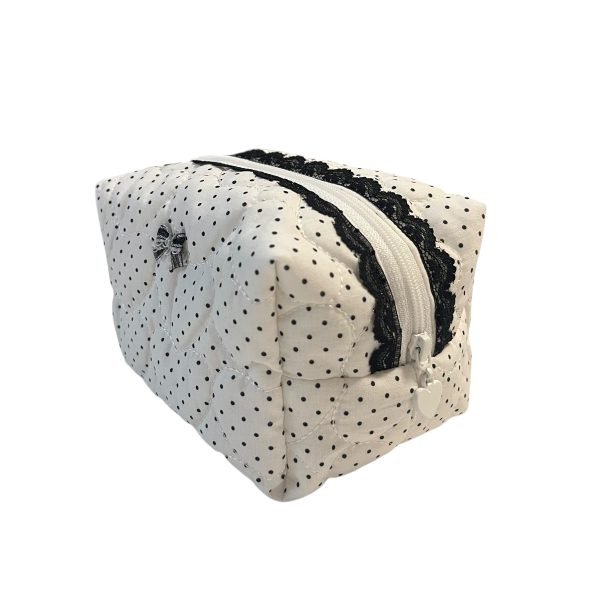 White Polka Dot Lace Makeup Bag with Quilted Heart pattern