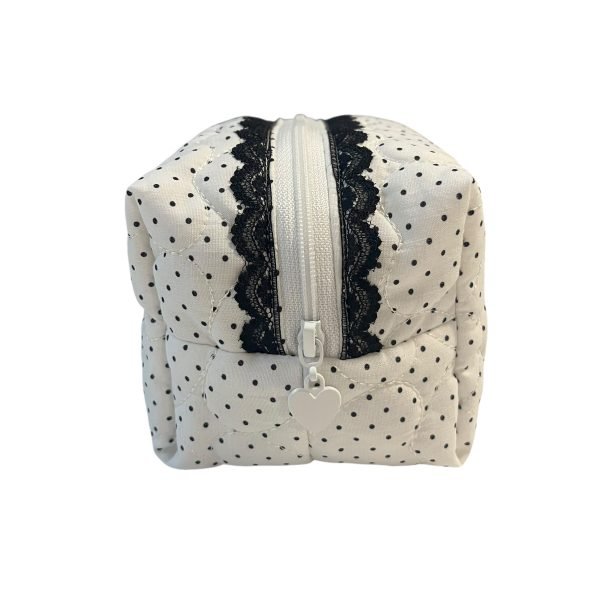 White Polka Dot Lace Makeup Bag with Quilted Heart pattern