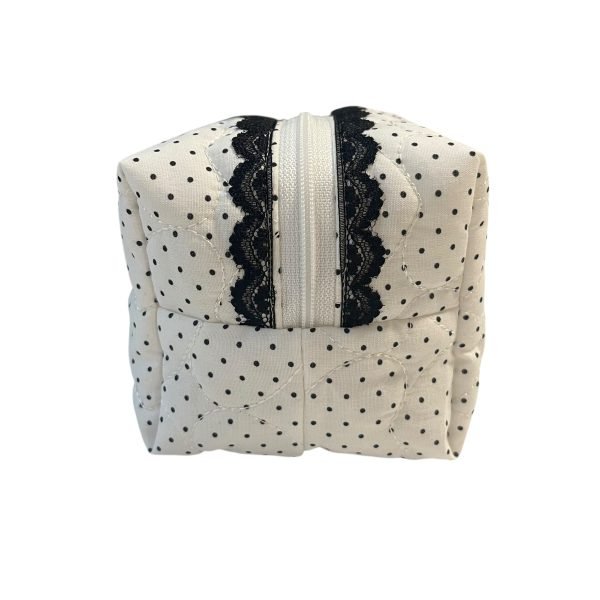 White Polka Dot Lace Makeup Bag with Quilted Heart pattern