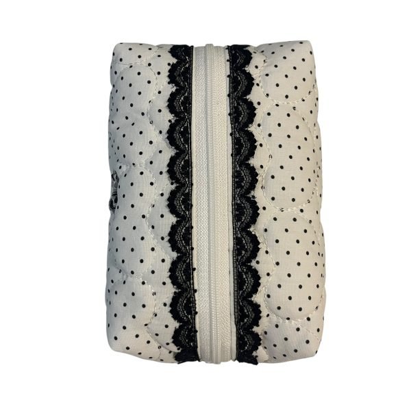 White Polka Dot Lace Makeup Bag with Quilted Heart pattern
