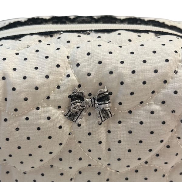 White Polka Dot Lace Makeup Bag with Quilted Heart pattern