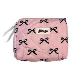 MB005-01 Black Bow Quilted Makeup Bag in Pink