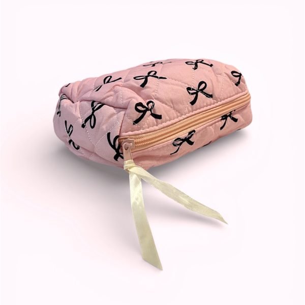 Black Bow Quilted Makeup Bag in Pink