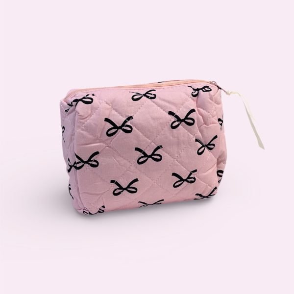 Black Bow Quilted Makeup Bag in Pink
