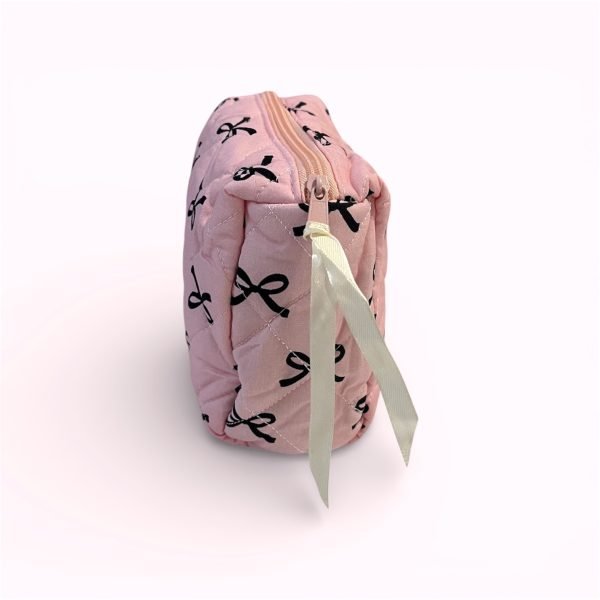 Black Bow Quilted Makeup Bag in Pink