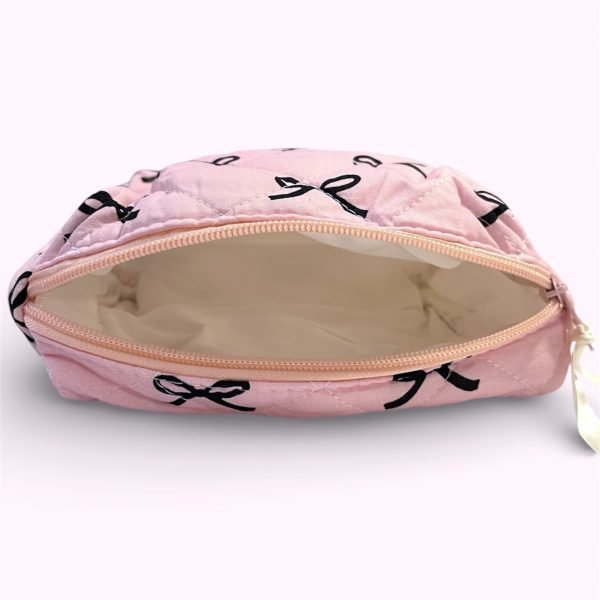 Black Bow Quilted Makeup Bag in Pink