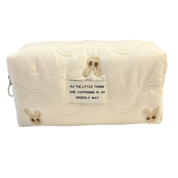 Creamy Embroidered Bunny Quilted Makeup Bag