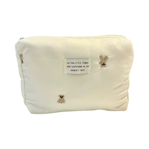 Creamy Teddy Bear Embroidered Makeup Bag