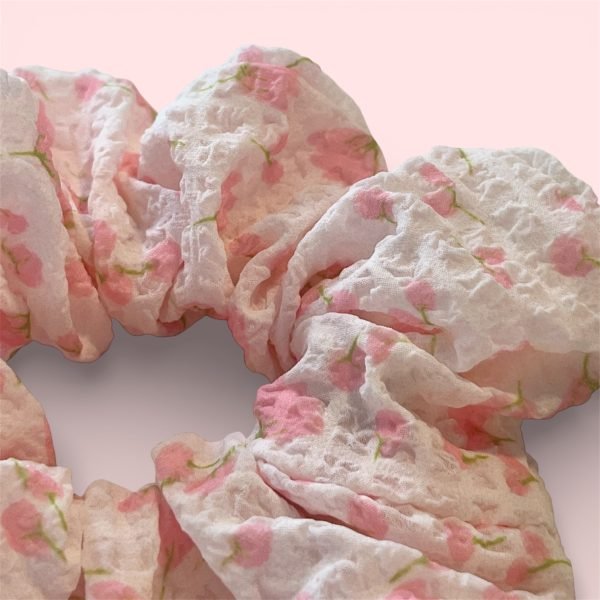 Natural Pink Floral Gauze Scrunchie