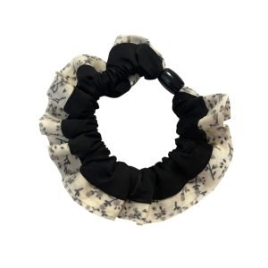 SC015-01 Black Smooth Scrunchie with Beige Floral Edge