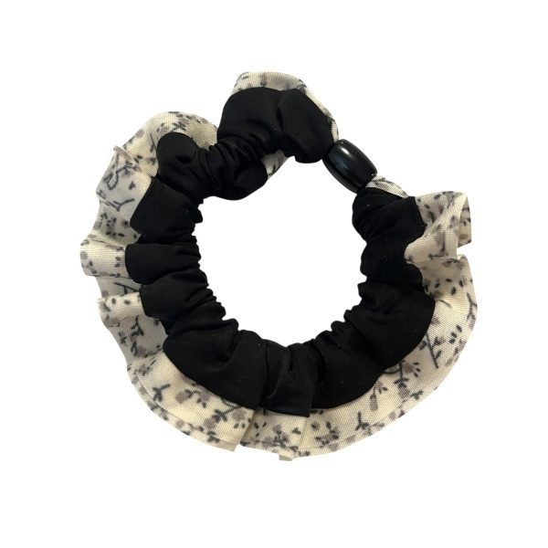 Black Smooth Scrunchie with Beige Floral Edge