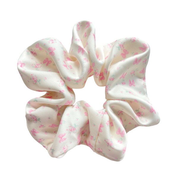 Sweet Pink Bow Floral Satin Scrunchie