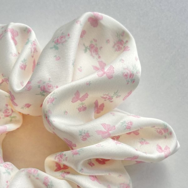 Sweet Pink Bow Floral Satin Scrunchie