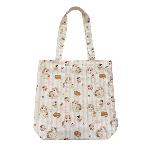 White Tote Bag with Cake & Cat Pattern