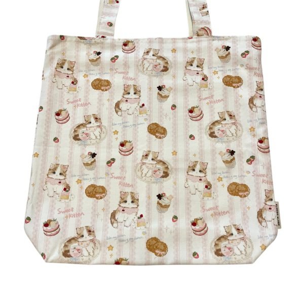 White Tote Bag with Cake & Cat Pattern
