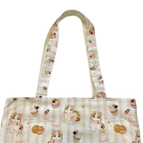 White Tote Bag with Cake & Cat Pattern