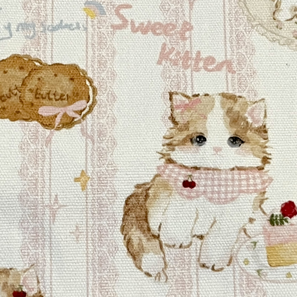White Tote Bag with Cake & Cat Pattern